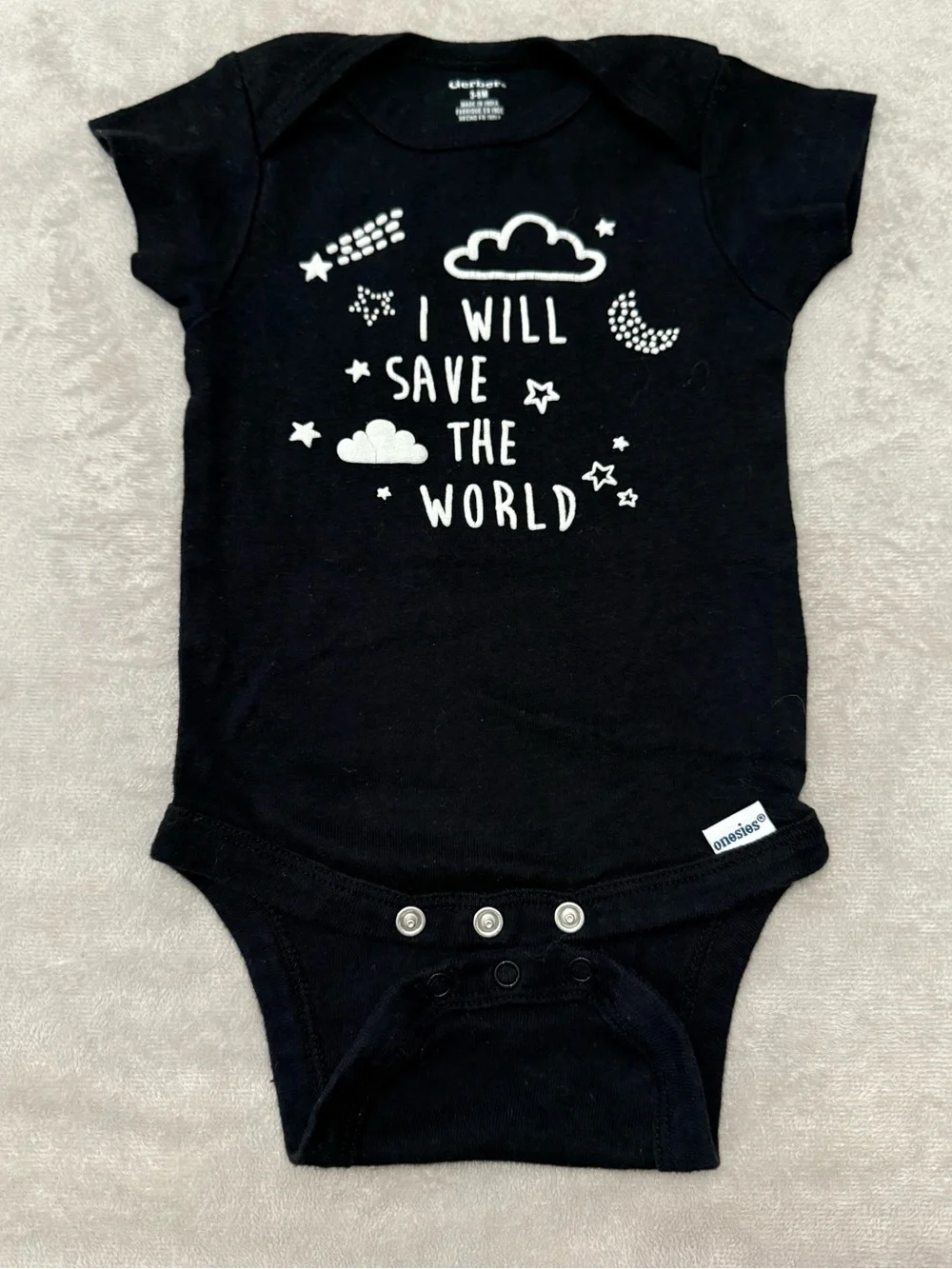 Gerber Baby Onesie 3-6 Months Black “I Will Save the World” Bodysuit 100% Cotton